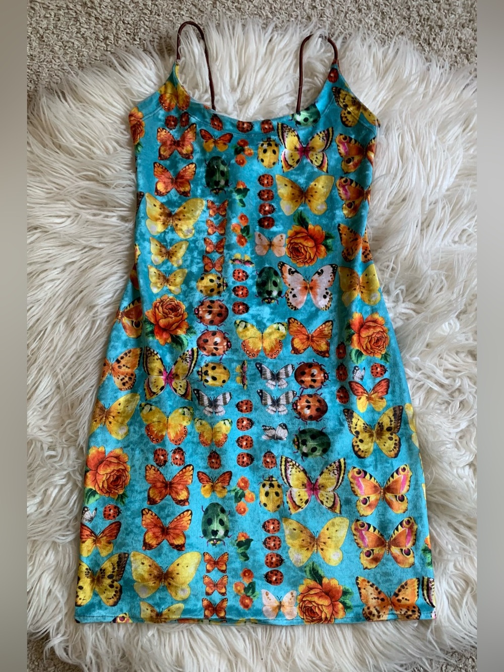 Bright Turquoise Butterfly Print Slip Dress